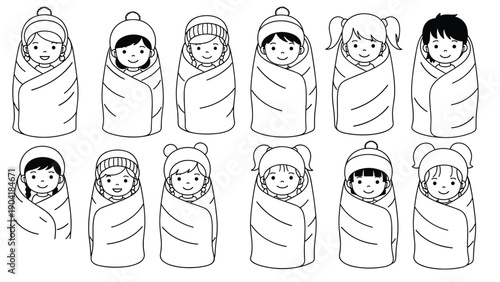 Adorable set of young children and babies snugly wrapped in warm blankets, depicted in a simple black and white line art style.