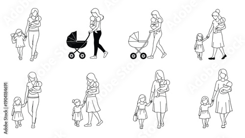 Outline drawings of mothers walking with babies in carriers or pushing strollers, accompanied by young children in various poses.