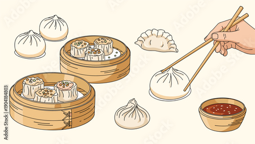 Illustration of traditional chinese dim sum dishes like dumplings and buns in steamer baskets, with a hand using chopsticks.