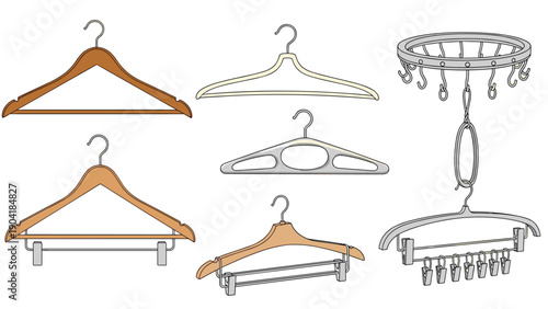 Assortment of various clothes hangers and laundry drying racks in different styles including wood, plastic, and multi-clip designs.