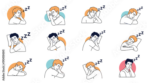 Illustration collection showing diverse men sleeping in various comfortable positions on pillows for sleep health and wellness concepts.