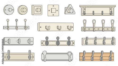 Collection of diverse wall mounted coat hooks and racks for home organization including single and multi hook designs in different styles.