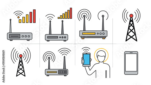 Network communication icons set featuring wifi routers, cellular signal strength bars, transmission towers, and mobile connectivity symbols.