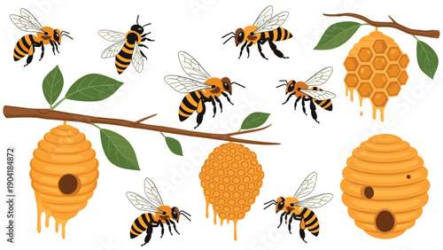 Detailed illustrations of honey bees flying near various types of natural and manmade beehives on tree branches for nature and biology.