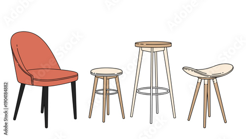 Selection of modern furniture pieces including a comfortable upholstered chair and various wooden stools in different heights and styles.