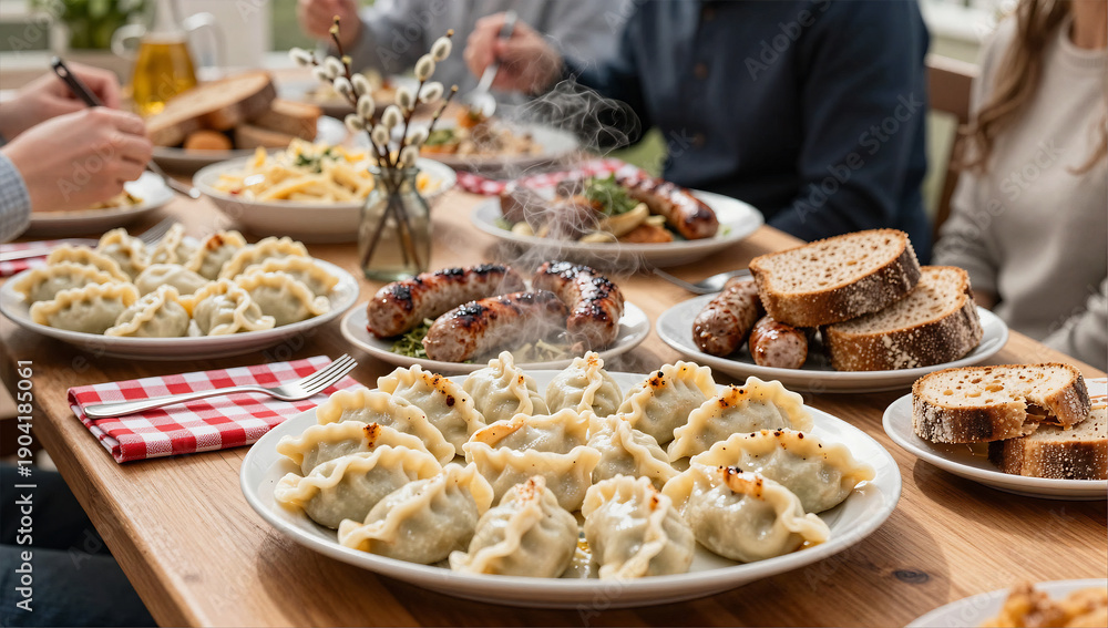 Obraz premium Traditional Polish Feast with Pierogi and Kielbasa