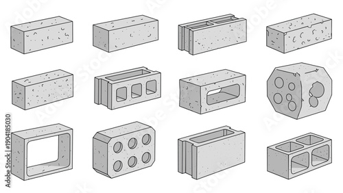 Collection of different shapes and styles of concrete masonry units and bricks used in building construction and architectural projects.
