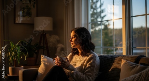 A person sits on a sofa holding a steaming mug gazing out a sunlit window in a cozy room with plants and a lamp