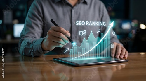 Businessman analyzing SEO ranking graph on tablet, optimizing online presence and performance with increasing trend, digital marketing strategy and analytics in modern office environment.