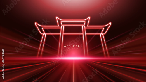 Abstract background with red beams towards the center. Chinese-style gate is a neon light effect. Concept contemporary high-speed technology.