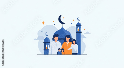 Muslim Diversity in Europe Vector Illustration with Multicultural People, Mosque and European Union Identity