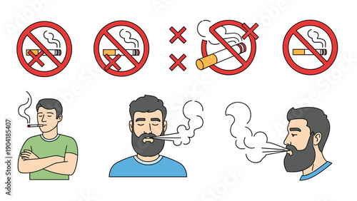 Public health illustrations featuring no smoking warning signs and men smoking cigarettes to represent health risks and tobacco control.
