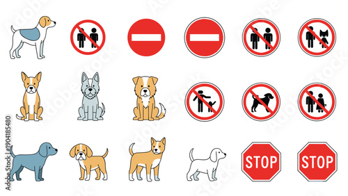 Collection of dogs and various street signs including stop, no entry, and no pedestrians for city safety and pet guidance.