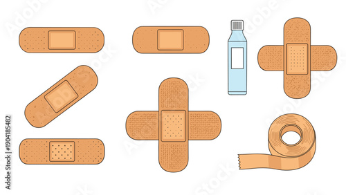 Various medical first aid items including adhesive bandages in different shapes, medical tape, and a bottle of antiseptic solution.