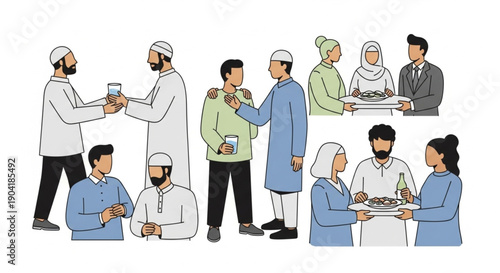 Ramadan community iftar vector illustration showing Muslim people sharing food together in modern city environment