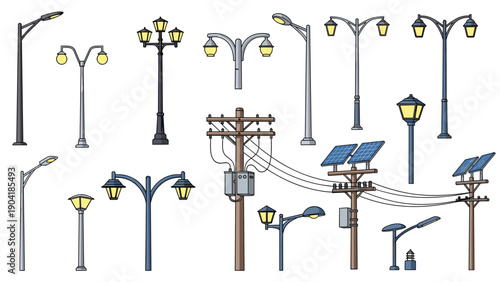Different styles of outdoor lighting fixtures including street lamps, utility poles, and solar powered light posts for city infrastructure.