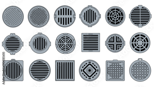 Diverse collection of industrial manhole covers and sewer grates with various geometric patterns and textures for urban design.