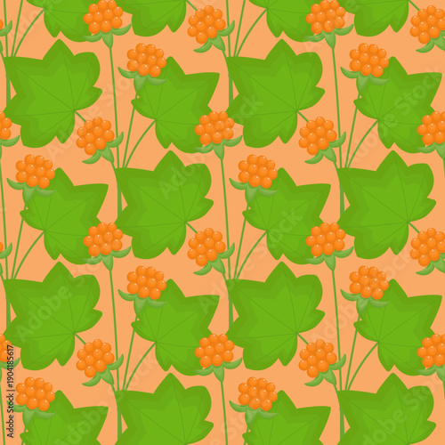 Cloudberry on orange color  background. Seamless pattern under clipping mask. Orange berries with green leaves in the flat style, isolated. Background for paper, cover, textile, gift wrap, packaging. 