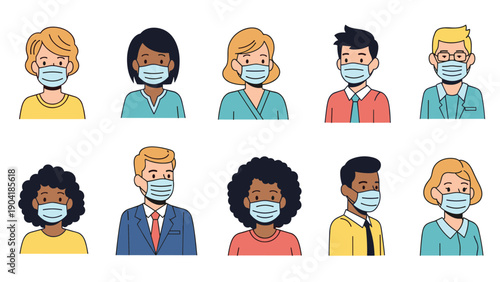 Group of diverse people wearing blue protective surgical face masks for public health and community safety in a modern style.