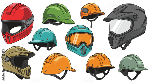 Selection of various protective headgear including motorcycle helmets, construction hard hats, and off road safety gear.