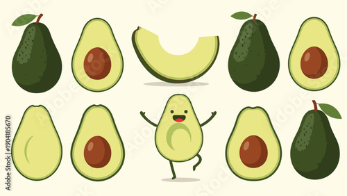 Collection of fresh avocados including whole fruit, sliced halves with seeds, and a happy avocado character for healthy food themes.