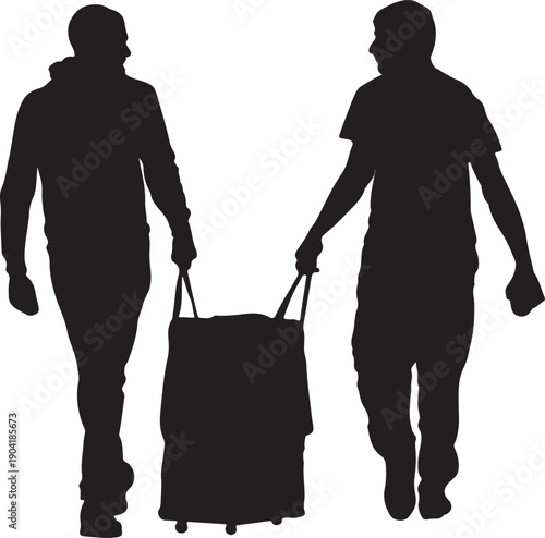 Print Two Men Silhouettes Carrying Luggage Together Moving Across White Background