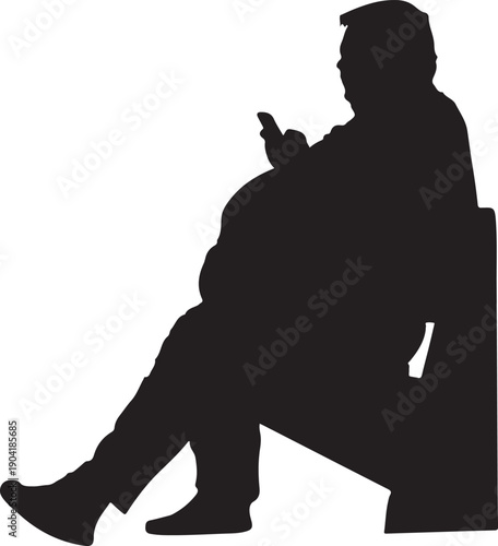 Print Silhouette of Overweight Man Sitting on Bench Using Mobile Phone