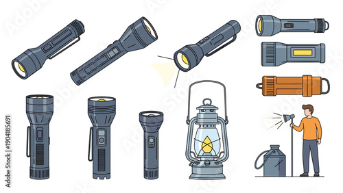 Diverse set of portable lighting tools includes various flashlights and traditional lanterns for camping emergency use and outdoor activities.