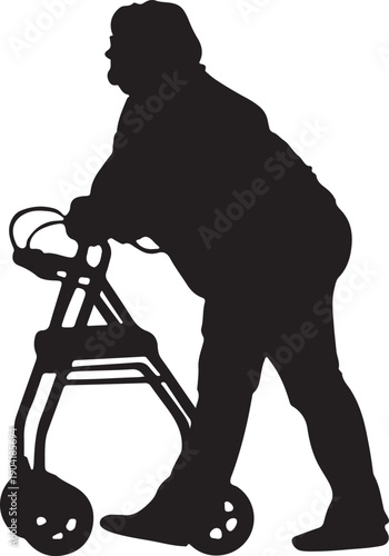 Print Silhouette of elderly person with walker moving forward, representing mobility and independence