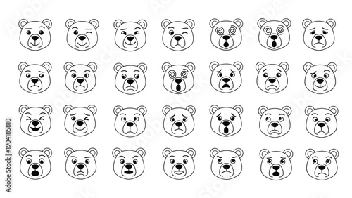 Large collection of teddy bear head icons displays various emotions and facial expressions for messaging and child-friendly graphic design.