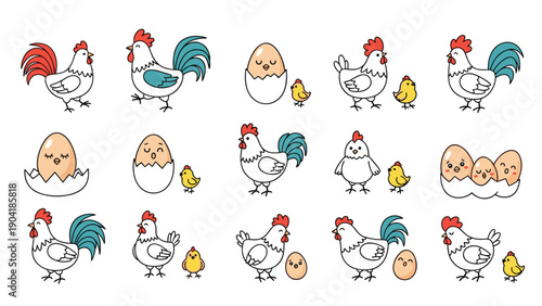Farm animal collection features roosters hens chicks and eggs in different stages of life for agricultural and nursery themed illustrations.