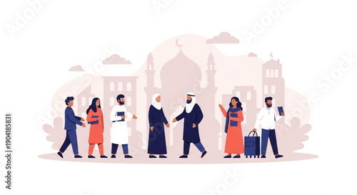 Ramadan charity and iftar gathering vector illustration showing Muslim community sharing meals and helping each other
