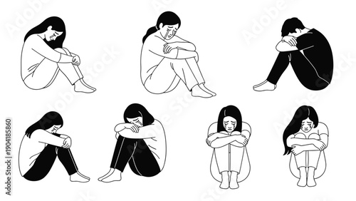 Group of people depicted in sad and depressed sitting poses to represent mental health issues loneliness and emotional struggle.