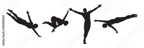 Four black silhouettes of a person illustrate a sequence of acrobatic movement against a plain white background. The figures capture various phases of a high dive or gymnastic jump, transitioning from