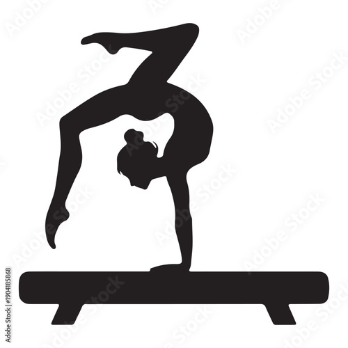 This black silhouette depicts a female gymnast performing a challenging pose on a balance beam. The figure executes an arched handstand with one leg bent, balancing on her hands. The image captures 