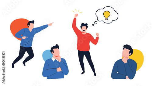 Diverse characters engage in different cognitive activities like pondering thinking having a great idea and pointing towards a direction.