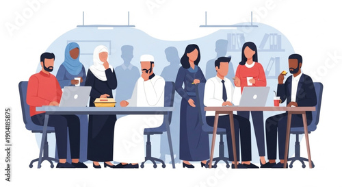 Ramadan corporate iftar vector illustration showing Muslim office workers celebrating together after work
