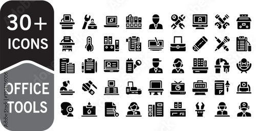 30+ Business Office Tools Icons Set Glyph Solid Vector Pack