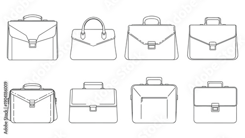 Collection of business briefcases and professional handbags in various outline styles for fashion design and office worker concepts.