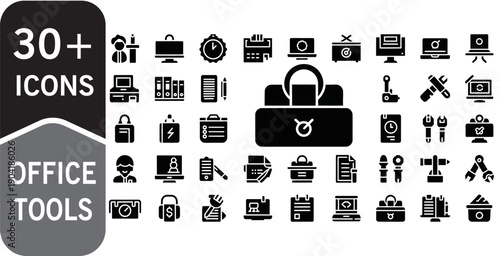 30+ Business Office Tools Icons Set Glyph Solid Vector Pack