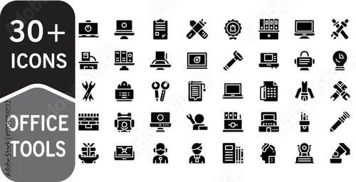 30+ Business Office Tools Icons Set Glyph Solid Vector Pack