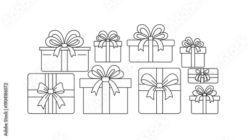 Extensive collection of gift box outline drawings with decorative ribbons and bows for holiday greeting cards and celebration designs.