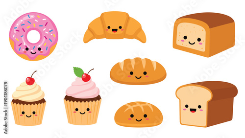 Charming collection of kawaii style bakery treats features colorful donuts cupcakes and bread loaves with happy smiling faces.