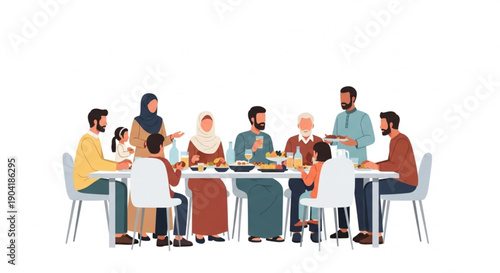Ramadan evening meal vector illustration showing Muslim group gathering and breaking fast together