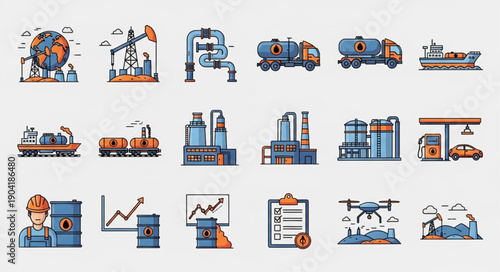 Oil and Gas Industry Icons Set Vector Illustration.