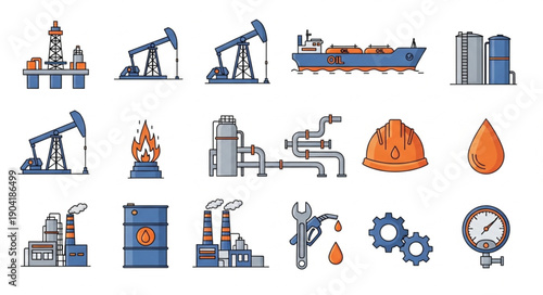 Oil and Gas Industry Icons Set Vector Illustration.
