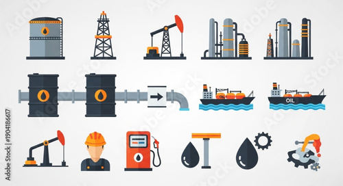 Oil and Gas Industry Icons Set Vector Illustration.