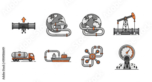 Oil and gas industry icons set for energy sector illustration.