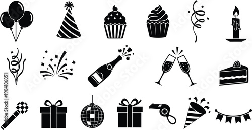Black and white party icons and symbols for celebrations