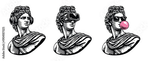 Three classical Greek busts with headphones virtual reality and bubblegum.
